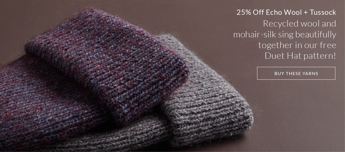 25% off Echo Wool and Tussock to knit our free Duet Hat pattern!