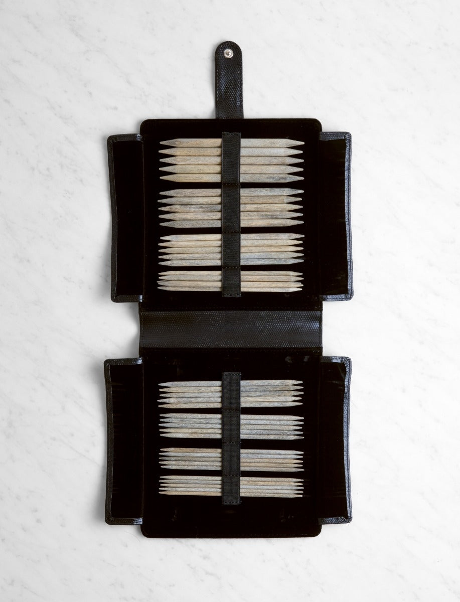 Driftwood Double Pointed Needle Set, Large Set, US 6-13 (4-9mm), Black Faux Leather Cover
