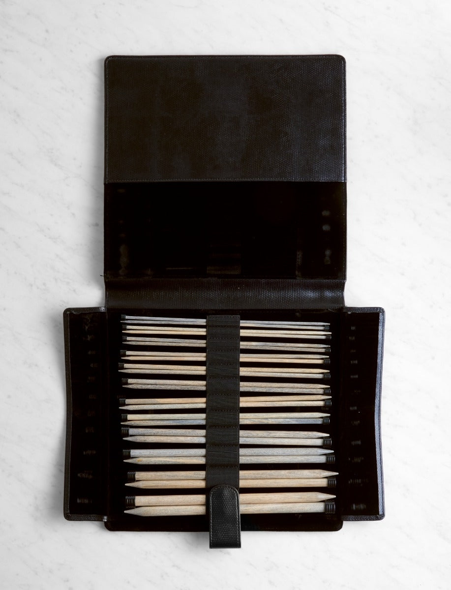 Driftwood Straight Knitting Needle Sets, 10 inch Set, Black Faux Leather Cover