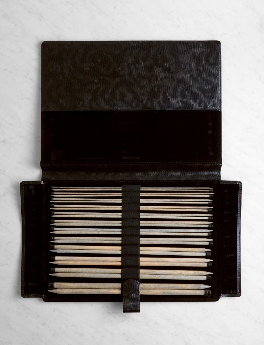 Driftwood Straight Knitting Needle Sets, 14 inch Set, Black Faux Leather Cover