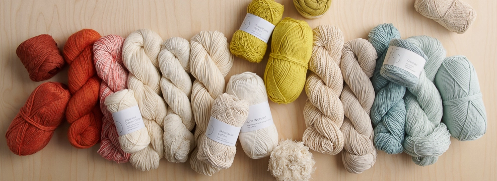 Natural fiber Purl Soho yarn for summer knitting, including cotton yarns, linen yarns, and other plant-based yarns.
